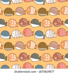 Patrón sin problemas con dibujos animados Diseño de ilustraciones de peces en fondo amarillo