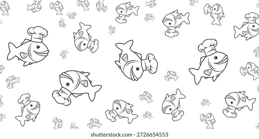 Un patrón sin fisuras de peces de dibujos animados con sombreros de chef. Los peces están delineados en negro sobre un fondo blanco, con algunos Pequeños peces esparcidos alrededor.