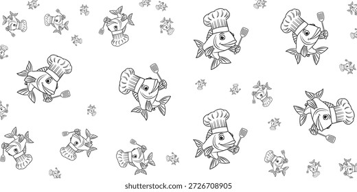 Un patrón sin fisuras de peces de dibujos animados con sombreros de chef y espátulas, sobre un fondo blanco con Pequeños peces esparcidos por todas partes.