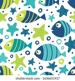 Seamless pattern with cartoon fishes.