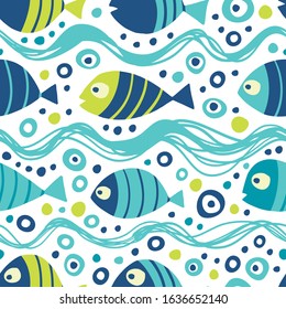 Seamless pattern with cartoon fishes.
