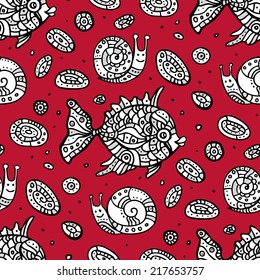 Seamless pattern of cartoon fishes. Hand drawn vector background.