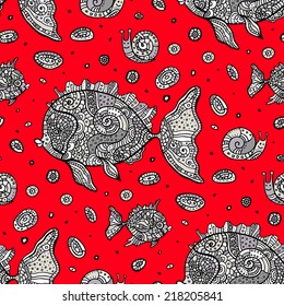 Seamless pattern of cartoon fishes. Hand drawn vector background.