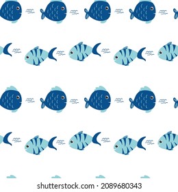 Seamless pattern with cartoon fishes on white background for wallpaper, wrapping and textile. Perfect for kids textile. Vector EPS10.