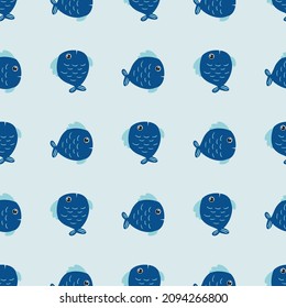 Seamless pattern with cartoon fishes on blue background for wallpaper, wrapping and textile. Perfect for kids textile. Vector EPS10.