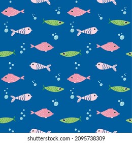 Seamless pattern with cartoon fishes on blue background for wallpaper, wrapping and textile. Perfect for kids textile. Vector EPS10.
