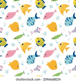 Seamless pattern with cartoon fishes on white background for wallpaper, wrapping and textile. Perfect for kids textile. Vector EPS10.