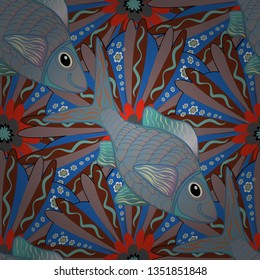 Seamless pattern with cartoon fishes. Scandinavian Childish texture for fabric, textile, printing. Vector background in gray, blue and brown colors.