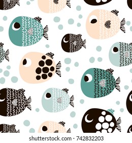 Seamless pattern with cartoon fishes. Scandinavian Childish texture for fabric, textile. Vector background