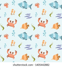 Seamless pattern with cartoon fishes and sea animals. Vector illustration.