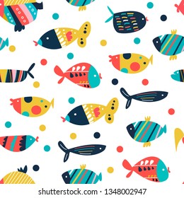 Seamless pattern of the Cartoon fishes. set