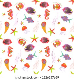 Seamless pattern with cartoon fishes. Vector background in red, pink and green colors. Scandinavian Childish texture for fabric, textile, printing.
