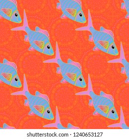 Seamless pattern with cartoon fishes. Vector background in pink, red and orange colors. Scandinavian Childish texture for fabric, textile, printing.