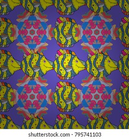 Seamless pattern with cartoon fishes. Violet, yellow and blue. Scandinavian Childish texture for fabric, textile. Vector background.