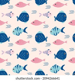 Seamless pattern with cartoon fishes for wallpaper, wrapping and textile. Perfect for kids textile. Vector EPS10.