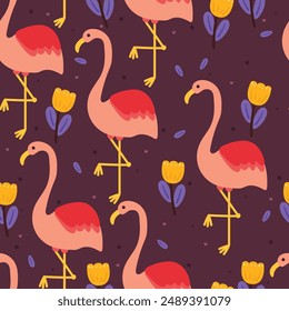 seamless pattern cartoon flamingo and flower. cute wallpaper for textile, gift wrap paper