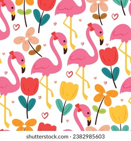 seamless pattern cartoon flamingo with flowers. cute illustration design. animal pattern for gift wrap paper