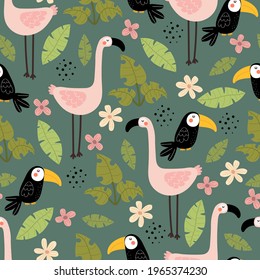 Seamless pattern with cartoon flamingo, toucans, leaves, decor elements.  colorful vector for kids. hand drawing, flat style. baby design for fabric, print, textile, wrapper