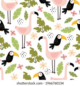Nahtloses Muster mit Cartoon Flamingo, Toucans, Blättern, Dekorelementen.  bunter Vektorgrafik für Kinder. handgezeichnet, flach. Babydesign für Gewebe, Druck, Textilien, Wrapper