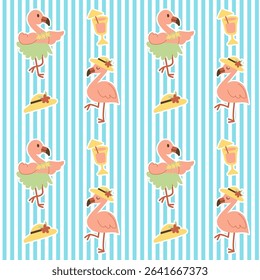 Seamless Pattern Cartoon Flamingo.Cute Summer Tropical Bird Design for Fabric and Stipe Background.