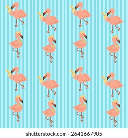 Seamless Pattern Cartoon Flamingo.Cute Summer Tropical Bird Design for Fabric and Stipe Background.
