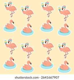 Seamless Pattern Cartoon Flamingo.Cute Summer Tropical Bird Design for Fabric and Background.