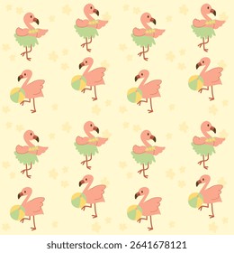 Seamless Pattern Cartoon Flamingo.Cute Summer Tropical Bird Design for Fabric and Background.