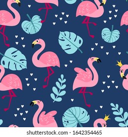Seamless pattern with cartoon flamingos. Summer tropical vector texture on dark blue background. Background for a children's book, print, poster, stickers, fabric, wrapping paper.