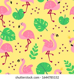 Patrón sin inconvenientes con los flamencos de las caricaturas. Textura vectorial tropical de verano sobre fondo amarillo. Antecedentes de un libro para niños, impresión, afiche, pegatinas, tela, papel envolvente.