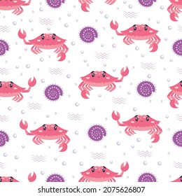 seamless pattern with cartoon flat crab, purple seashell, waves and bubbles. underwater world.