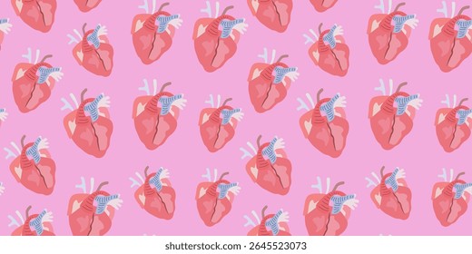 Seamless pattern with cartoon flat human internal organs. Human heart. Inner body parts. Vector background for wrapping and gift paper, print, textile, wallpaper