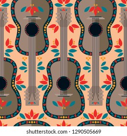 Seamless pattern with cartoon flat style mexican guitars, can be used for day of the dead, vector illustration 