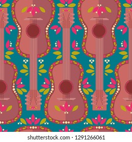 Seamless pattern with cartoon flat style mexican guitars, vector illustration 