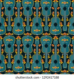 Seamless pattern with cartoon flat style mexican guitars, night palette, vector illustration 