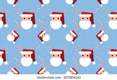 seamless pattern cartoon flat style santa claus face with candy cane, new year festival christmas background and greeting card,gift wrapping paper, vector illustration