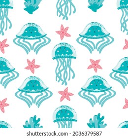 seamless pattern with cartoon flat turquoise jellyfish and pink starfish. underwater world.