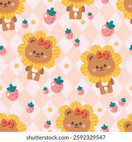 Seamless pattern cartoon of flower bear, pink strawberry with diamond pattern is a cute and childish. Pattern design for children fabric, wrapping paper, wallpaper and fashion prints.