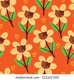 seamless pattern cartoon flower with cat. cute wallpaper for textile, gift wrap paper