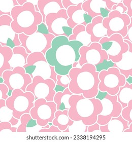 Seamless Pattern with Cartoon  Flower Design on Pastel Pink Background