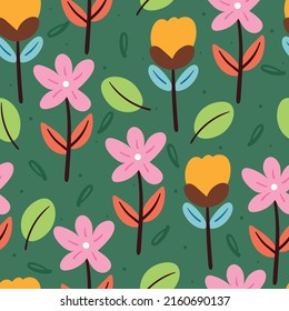 flor de dibujos animados sin costura y hojas. papel de pared botánico lindo