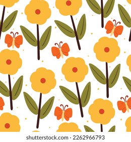 seamless pattern cartoon flower, leaves and butterfly. botanical wallpaper for textile, gift wrap paper