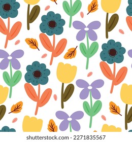 seamless pattern cartoon flower and leaves. botanical wallpaper for textile, gift wrap paper