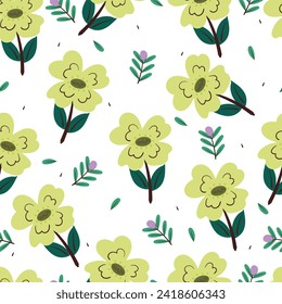 seamless pattern cartoon flower and leaves. cute plant wallpaper and background for gift wrap paper
