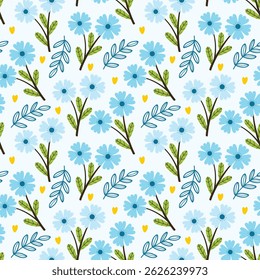 nahtloses Muster Cartoon Blume und Blätter. Einfache Blumentapete für Textilien, Geschenkpapier
