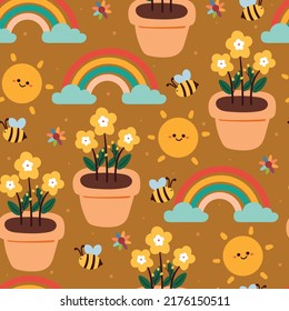 seamless pattern cartoon flower and plant in yellow sky with rainbow, clouds and cute sun. cute wallpaper for kids, gift wrap paper