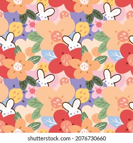 Seamless Pattern of Cartoon Flower and Rabbit Illustration Design