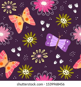 Seamless pattern with cartoon flowers, butterflies, decor elements on a neutral background. Vector flat style. hand drawing. plants theme. Design for fabric, textile, wrapper, print.