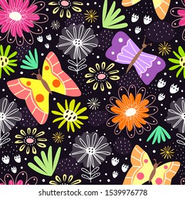 Seamless pattern with cartoon flowers, butterflies, decor elements on a neutral background. Vector flat style. hand drawing. plants theme. Design for fabric, textile, wrapper, print.