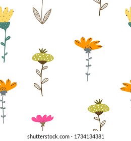 Seamless pattern with cartoon flowers. colorful vector. hand drawing. ornament, flat style. design for fabric, print, textile, wrapper
