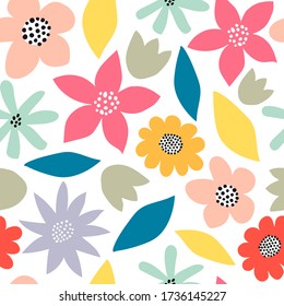 Seamless pattern with cartoon flowers. colorful vector, hand drawing. ornament, flat style. design for fabric, print, textile, wrapper